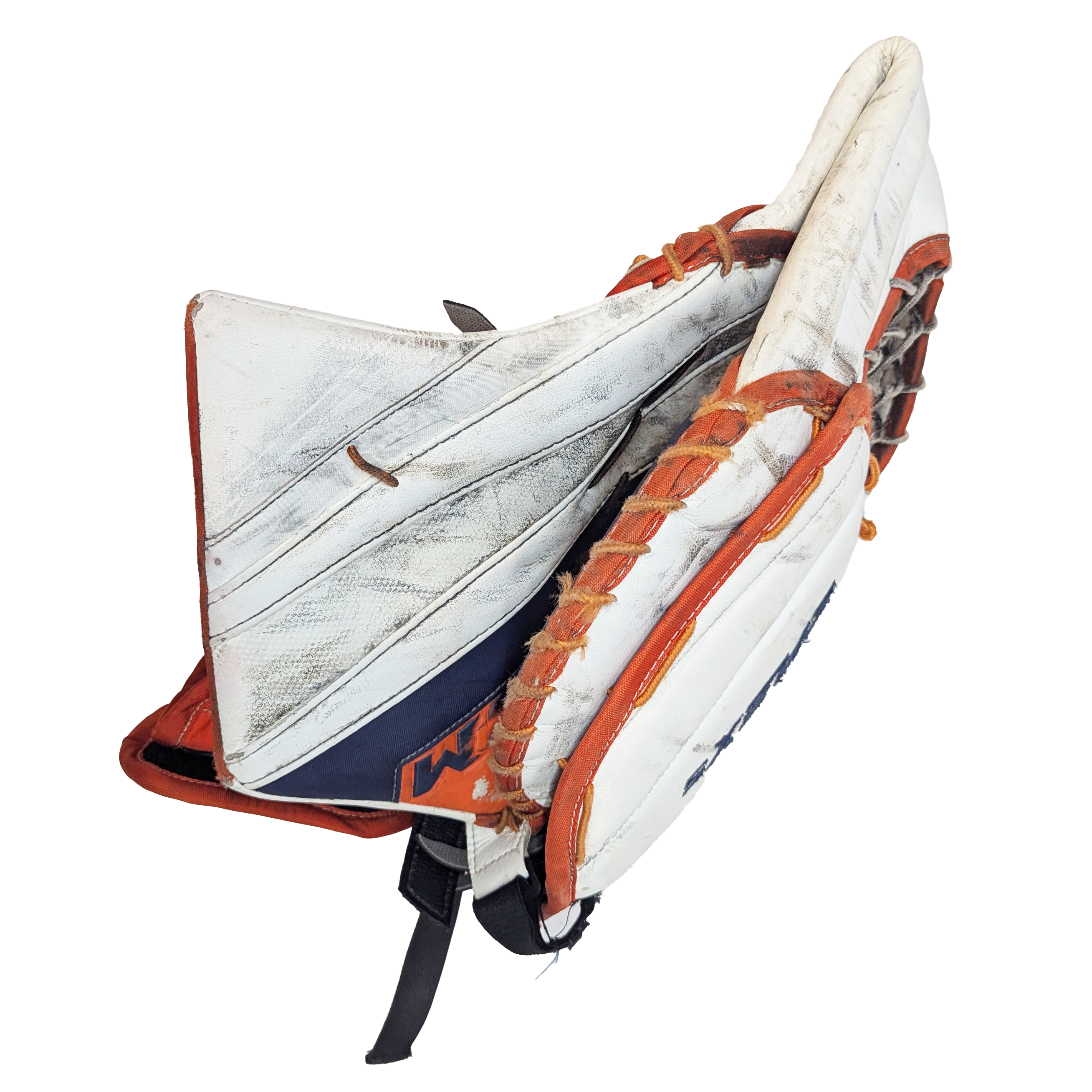 CCM Extreme Flex 5 - Gant de gardien de but Pro Stock d'occasion (blanc/orange/bleu marine)